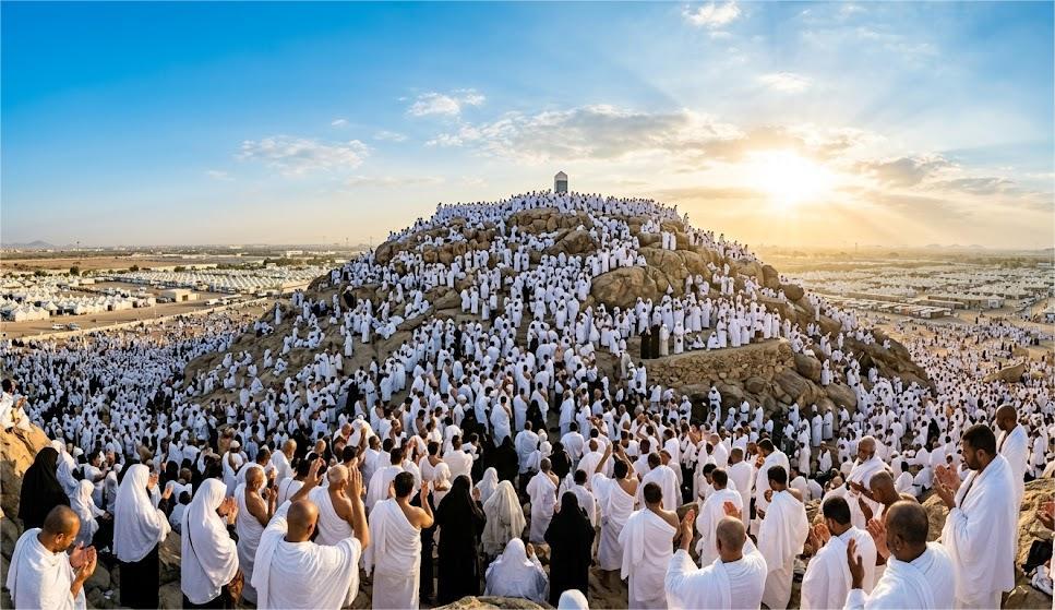 حشود الحجاج على جبل عرفات يوم وقفة عرفات وأيديهم مرفوعة بالدعاء