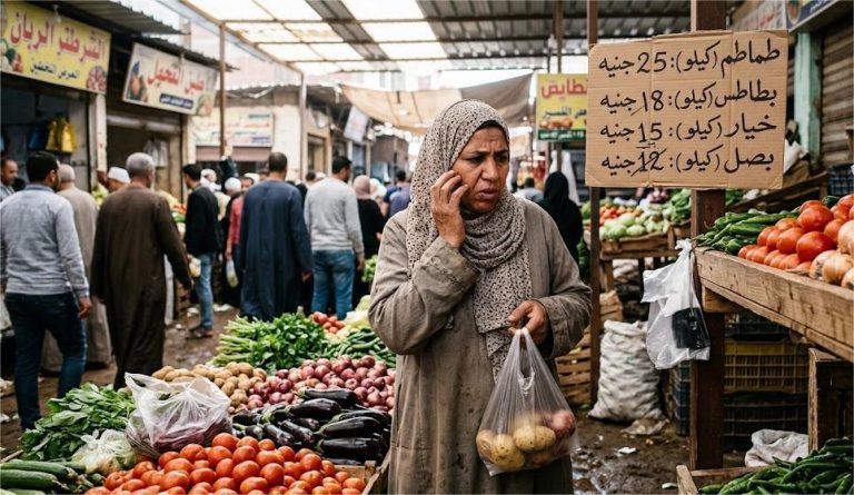 سيدة تشتري الخضروات في سوق مصري مع ارتفاع التضخم في مصر إلى 15.2% في مارس 2026