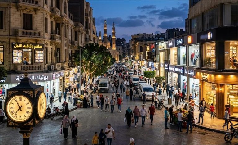 شارع تجاري مصري نابض بالحركة ليلاً يعكس ترقب غلق المحلات