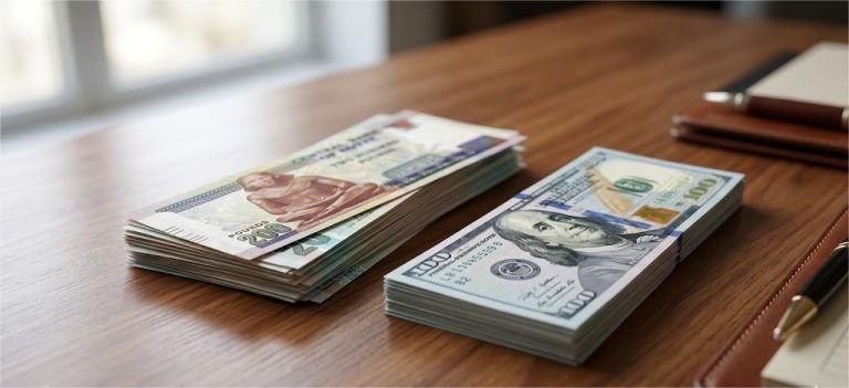 رزم من الجنيه المصري بجانب الدولار توضح تراجع سعر صرف الدولار في مصر أمام العملة المحلية