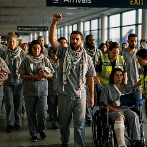 ناشطو أسطول الصمود العالمي يرفعون أيديهم عند وصولهم لمطار إسطنبول بعد ترحيلهم من إسرائيل