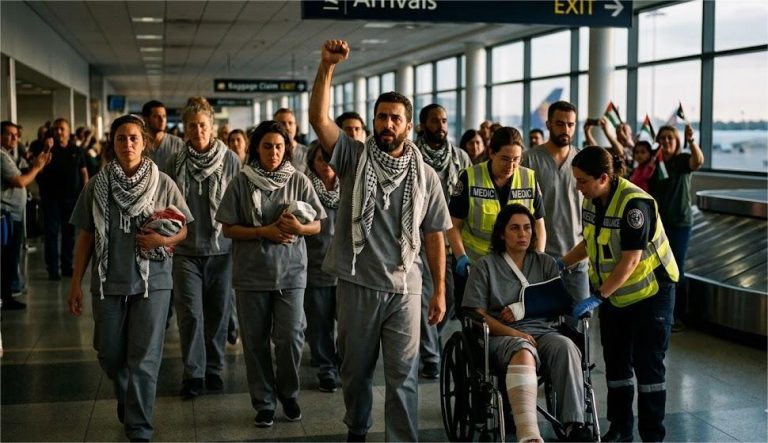 ناشطو أسطول الصمود العالمي يرفعون أيديهم عند وصولهم لمطار إسطنبول بعد ترحيلهم من إسرائيل
