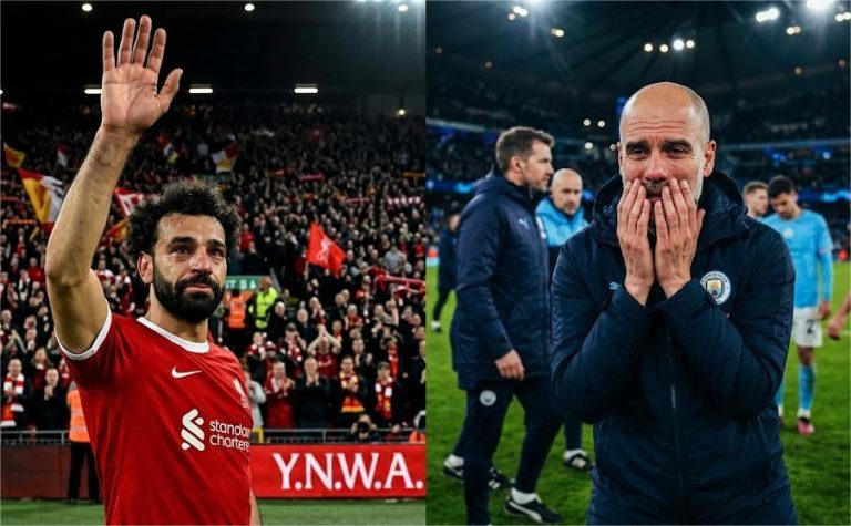 محمد صلاح بقميص ليفربول وبيب جوارديولا في لحظات وداع الدوري الإنجليزي