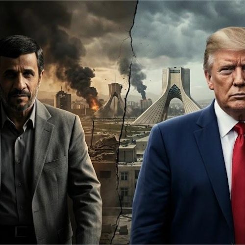 صورة مجمعة لمحمود أحمدي نجاد ودونالد ترامب وخلفية دمار في إيران تعبيرا عن الخطة الأمريكية الإسرائيلية