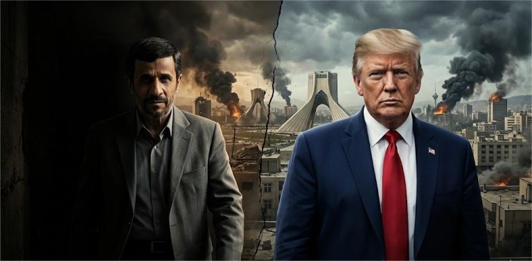 صورة مجمعة لمحمود أحمدي نجاد ودونالد ترامب وخلفية دمار في إيران تعبيرا عن الخطة الأمريكية الإسرائيلية