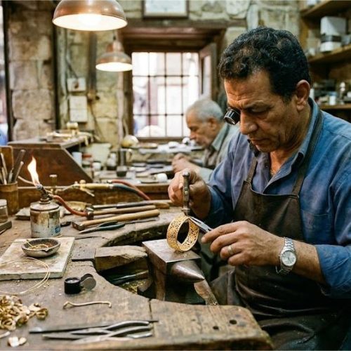 فني صياغة مصري يقوم بتشكيل الذهب بدقة داخل ورشة تصنيع تقليدية