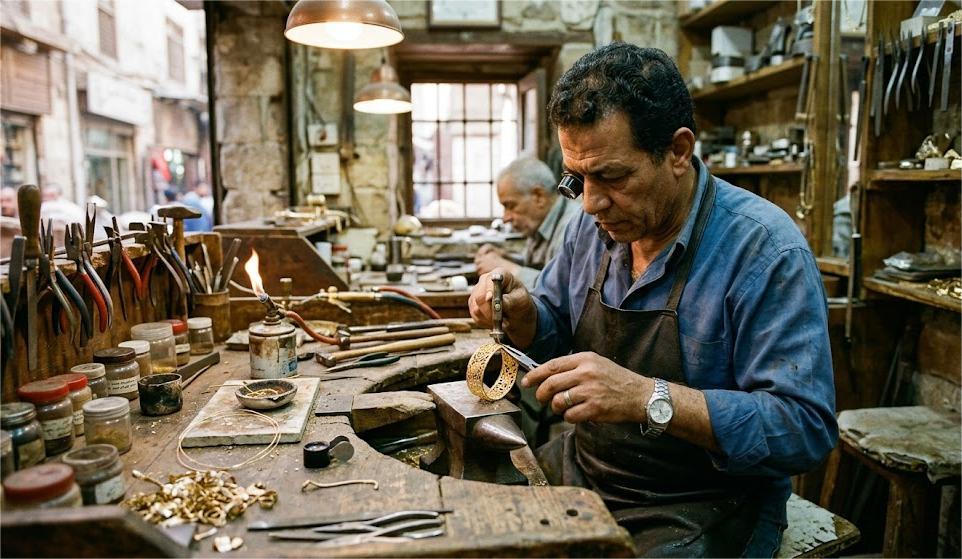 فني صياغة مصري يقوم بتشكيل الذهب بدقة داخل ورشة تصنيع تقليدية