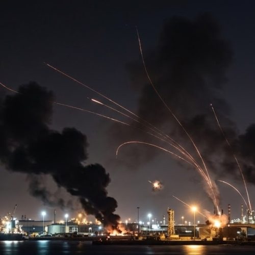 تصاعد النيران وأعمدة الدخان جراء انفجارات جنوب إيران عقب الضربة العسكرية الأمريكية بالقرب من مضيق هرمز بتوجيهات الرئيس الأمريكي دونالد ترامب وبإعلان القيادة المركزية الأمريكية