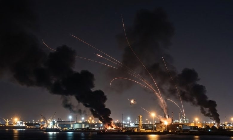 تصاعد النيران وأعمدة الدخان جراء انفجارات جنوب إيران عقب الضربة العسكرية الأمريكية بالقرب من مضيق هرمز بتوجيهات الرئيس الأمريكي دونالد ترامب وبإعلان القيادة المركزية الأمريكية